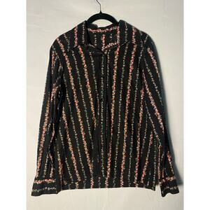 Vintage Black Button-Up w/ Pink Floral Stripes Long Sleeve Shirt Women's Size XL